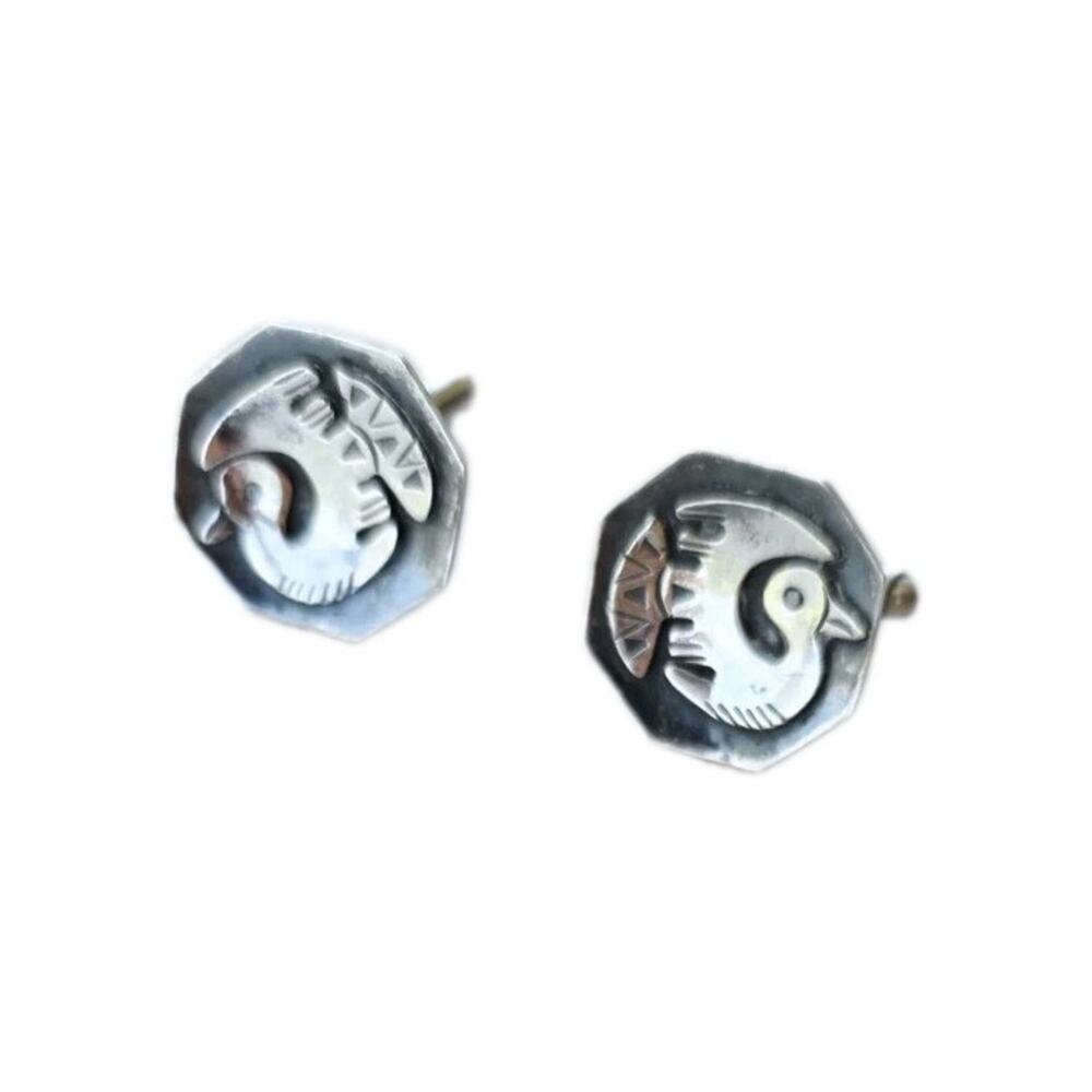 18k Gold And Sterling Silver Old Cuzco Cufflinks Engraved Handmade Aztec Mayan‎